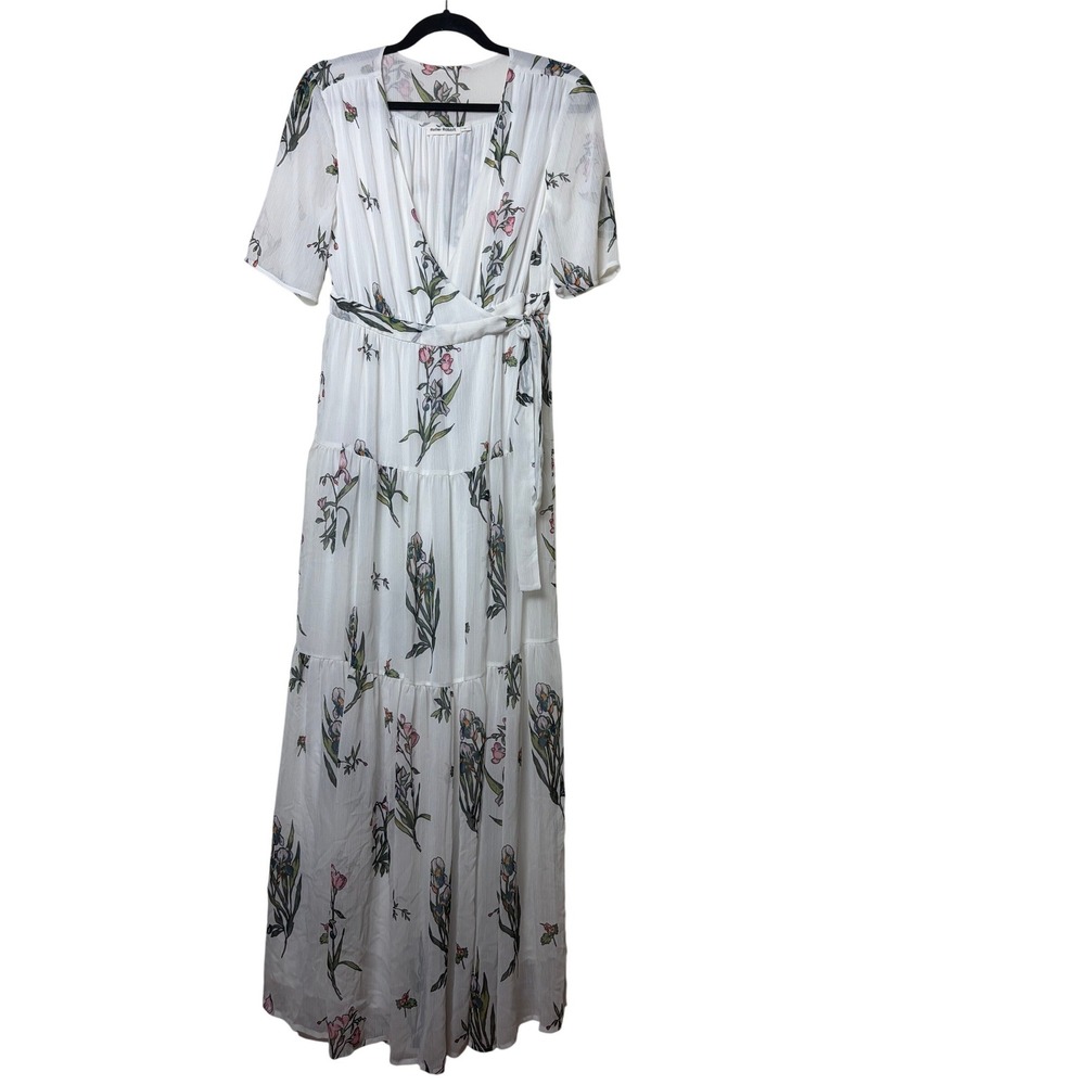 Roller Rabbit White Floral Tiered Chiffon Wrap Maxi Dress Short‎ Sleeve Lined